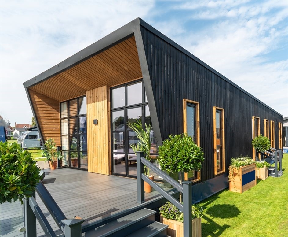 Landscape living bespoke lodge mobile home Henley exterior cladding